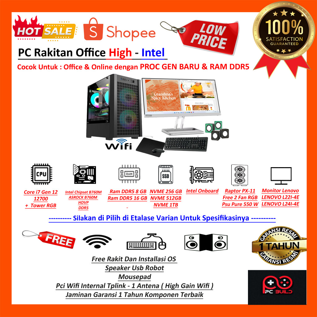 Pc Rakitan Fullset Office Intel Corei7 12700 DDR5 - Komputer Rakitan Office Generasi Baru + Monitor