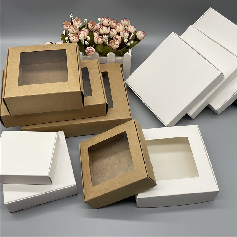

10PCS Cute Square Kraft Packaging Box with Window Customized DIY Paper Gift Box For Wedding Party Handmade Soap Chocolate Candy