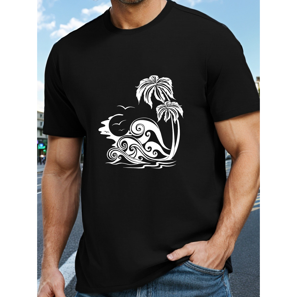 Kaos Pria Pantai Motif Pohon Kelapa - Baju Kasual Lengan Pendek Putih Hitam