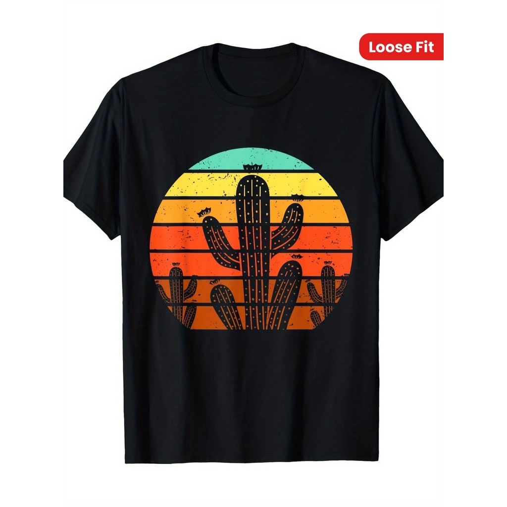 Kaos Pria Motif Kaktus Sunset - 100% katun, lengan pendek, potongan longgar, gaya santai, desain gur