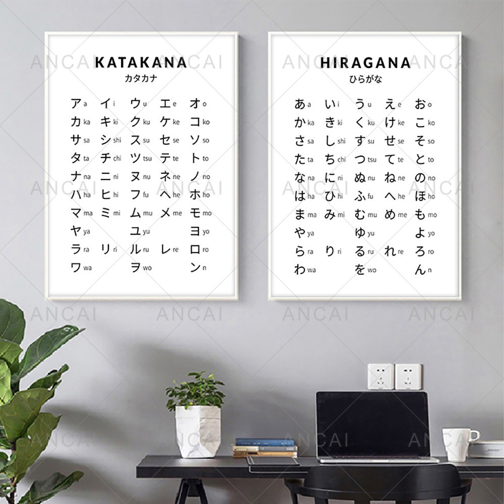 Hiragana and Katakana Chart Art Print Black White Japanese Alphabet Poster Japan Wall Pictures Canva