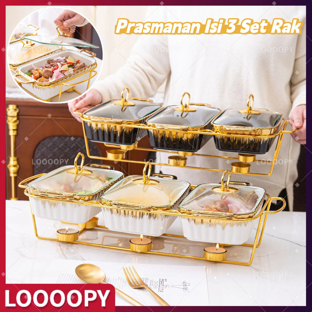 LOOOOPY Prasmanan Keramik Set Isi 3 Gold Mewah Marble / Prasmanan Isi Set Rak Tebal Hitam Putih Gold