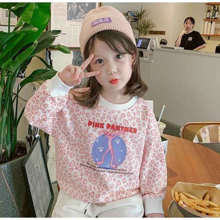 BAJU ANAK PEREMPUAN SWEATER LEOPARD PINK PANTHER CREWNECK KOREAN STYLE
