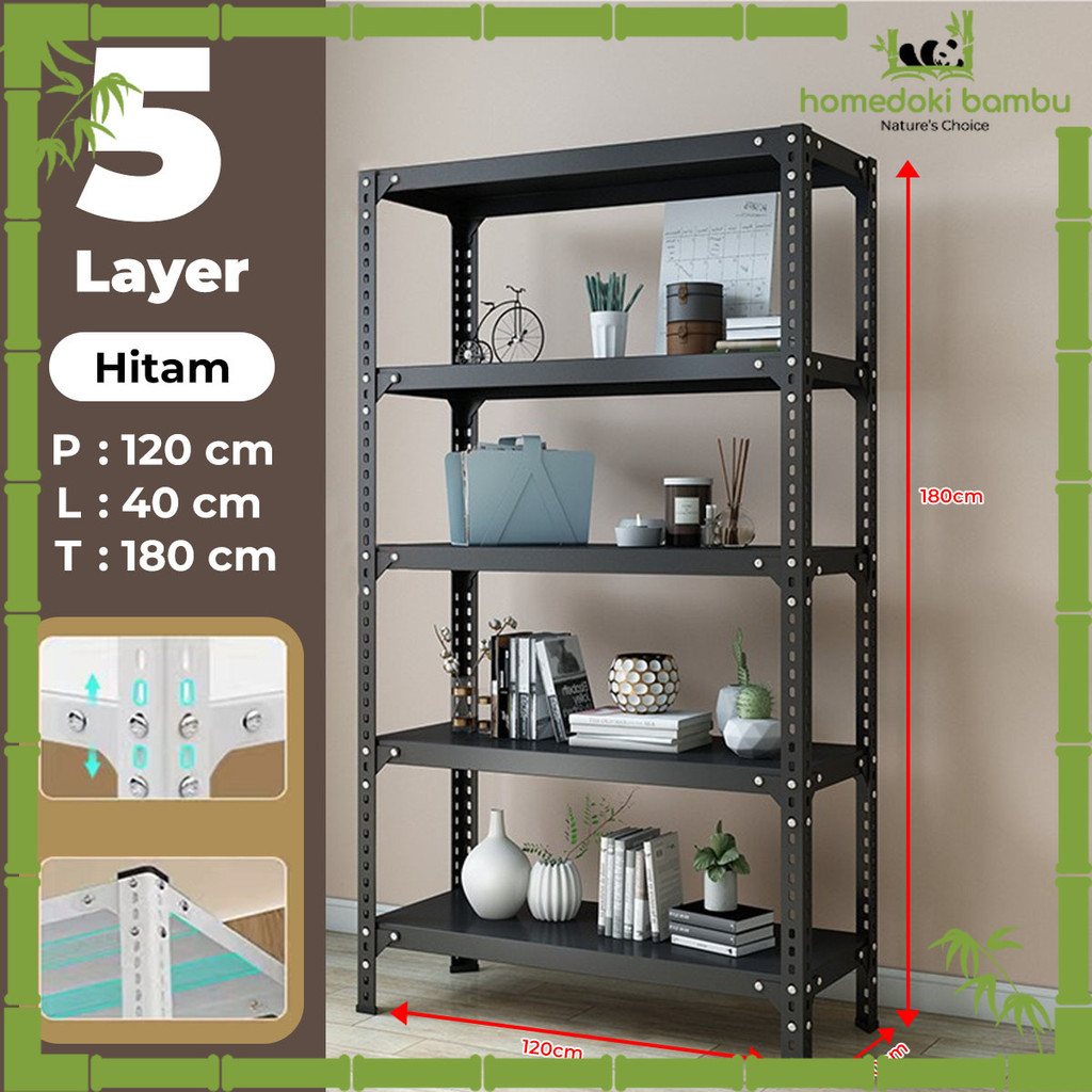 Homedoki Bambu-Homedoki Rak Susun Serbaguna/Rak Dapur Serbaguna/Rak Susun Besi/Rak Besi Siku 5 Susun