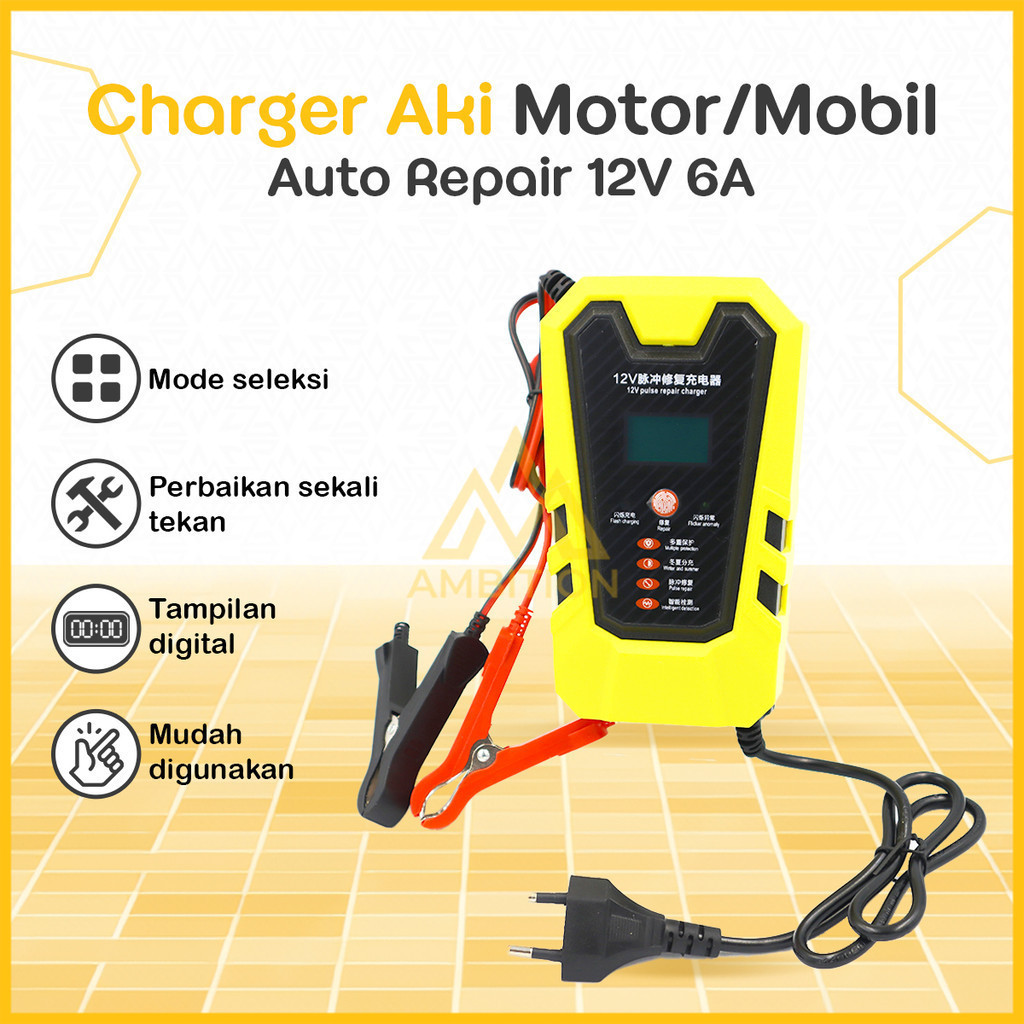 BRUSTYX  12V 6A Cas Aki Mobil Motor Pulse Repair aki Otomatis  Power Digital LCD Display