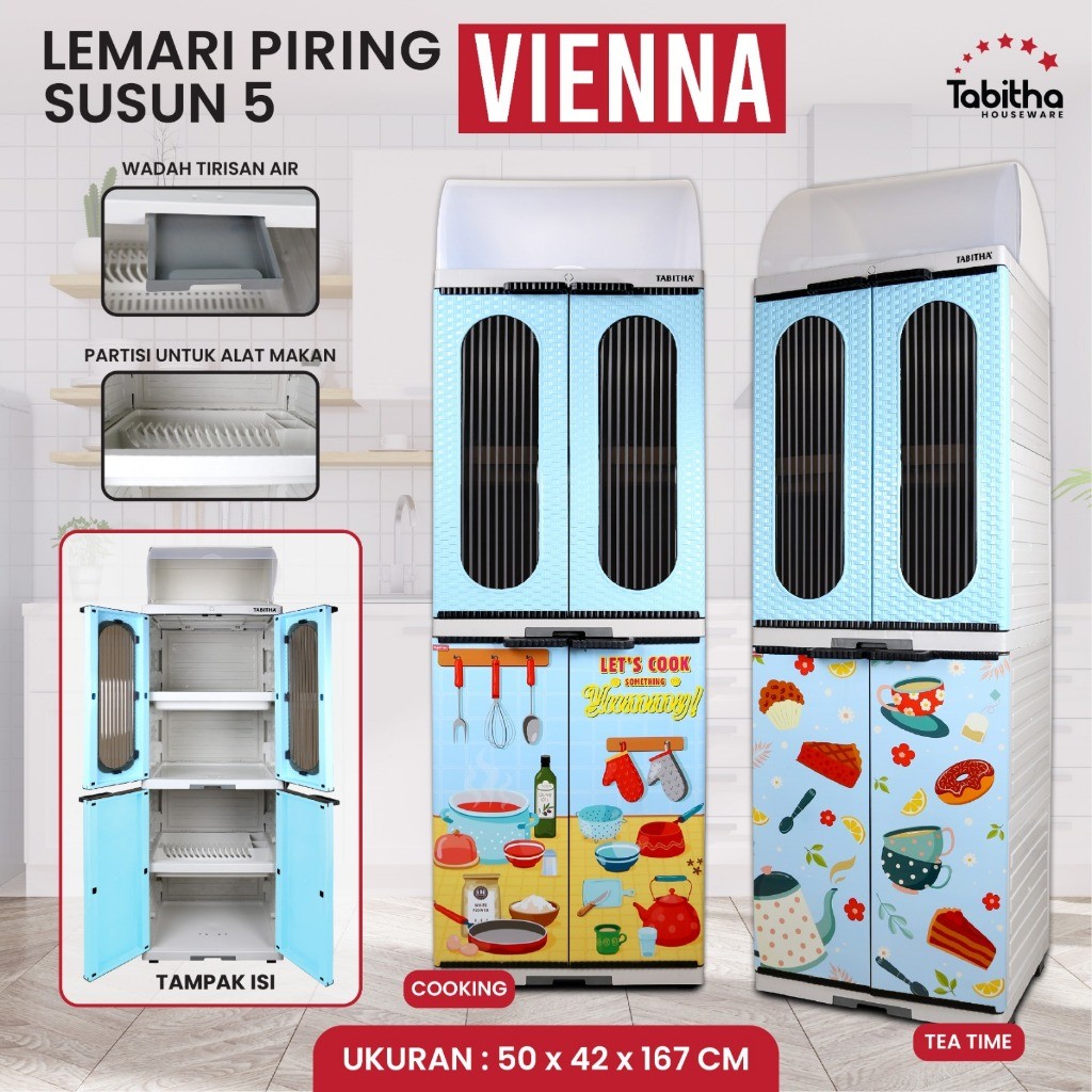 Tabitha Rak Lemari Piring Jumbo Printing Premium Lemari Dapur Estetik Serbaguna - Rak Piring Vienna