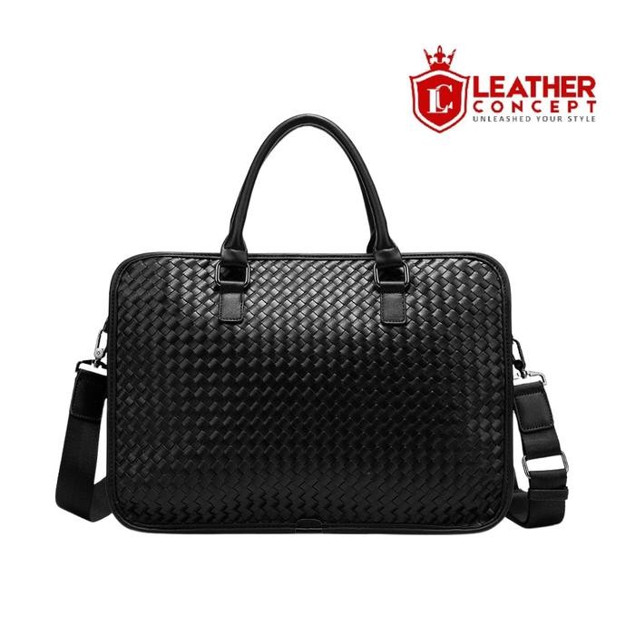 Leather Concept WOVEN Tas Selempang Kulit Pria Tas Kulit Cowok Tas Kerja Pria hitam - Hitam