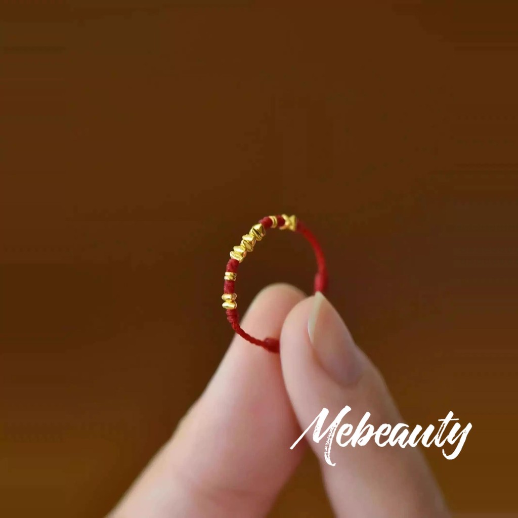MEBEAUTY Cincin Wanita Tali Merah Emas Serpihan Tali Anyaman Tahun Zodiac Desain Unik Menarik Rezeki