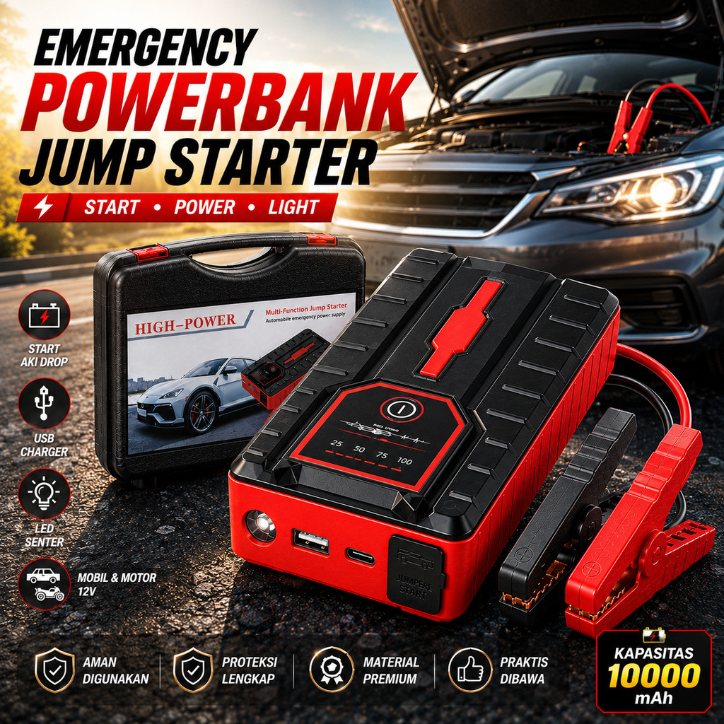 Power Bank Jumper Starter Darurat Mobil Motor 12V P3K Aki Drop Mati Matot Soak Emergency 10000mAh Po