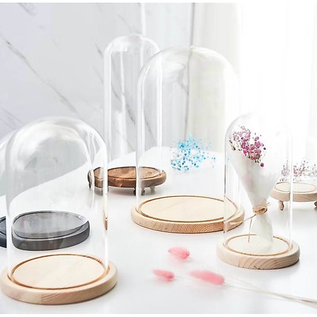 GLASS DOME / flower glass dome alas kayu