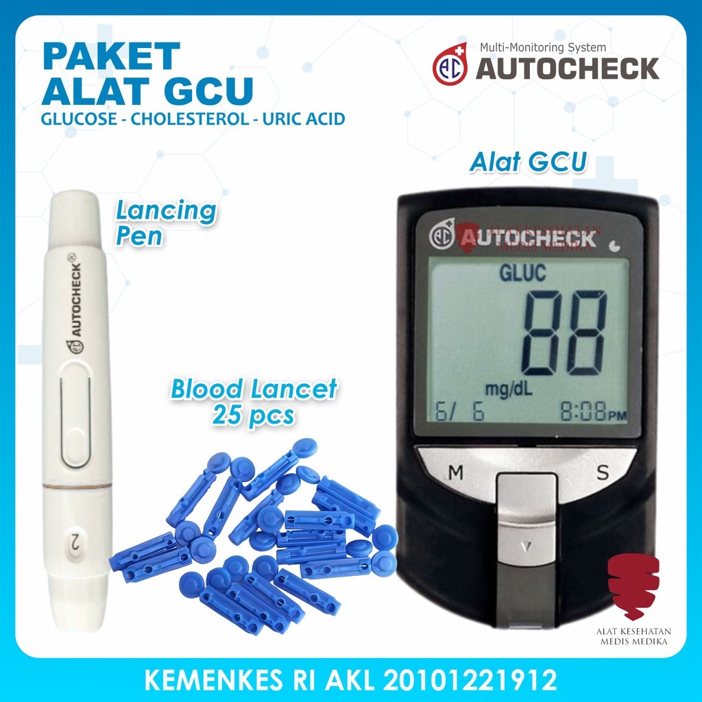 Paket Alat GCU 3in1 Monitoring Lancet Lancing PenCek Gula Darah Kolesterol Asam Urat Glucose Uric Ac