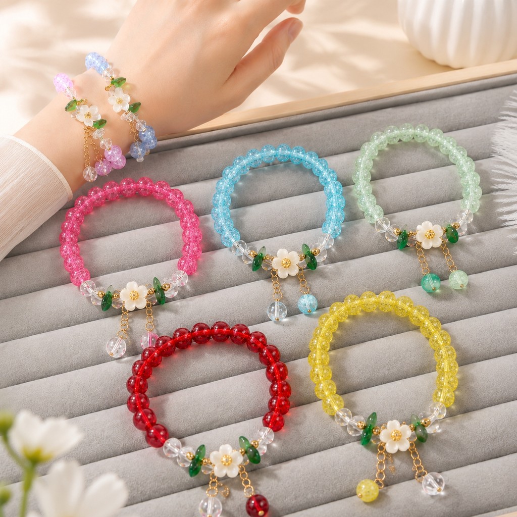 Gelang Bunga Camelia Dari Kaca Warna-warni & Kristal Mawar Motif Bunga Matahari, Aksesori Cantik