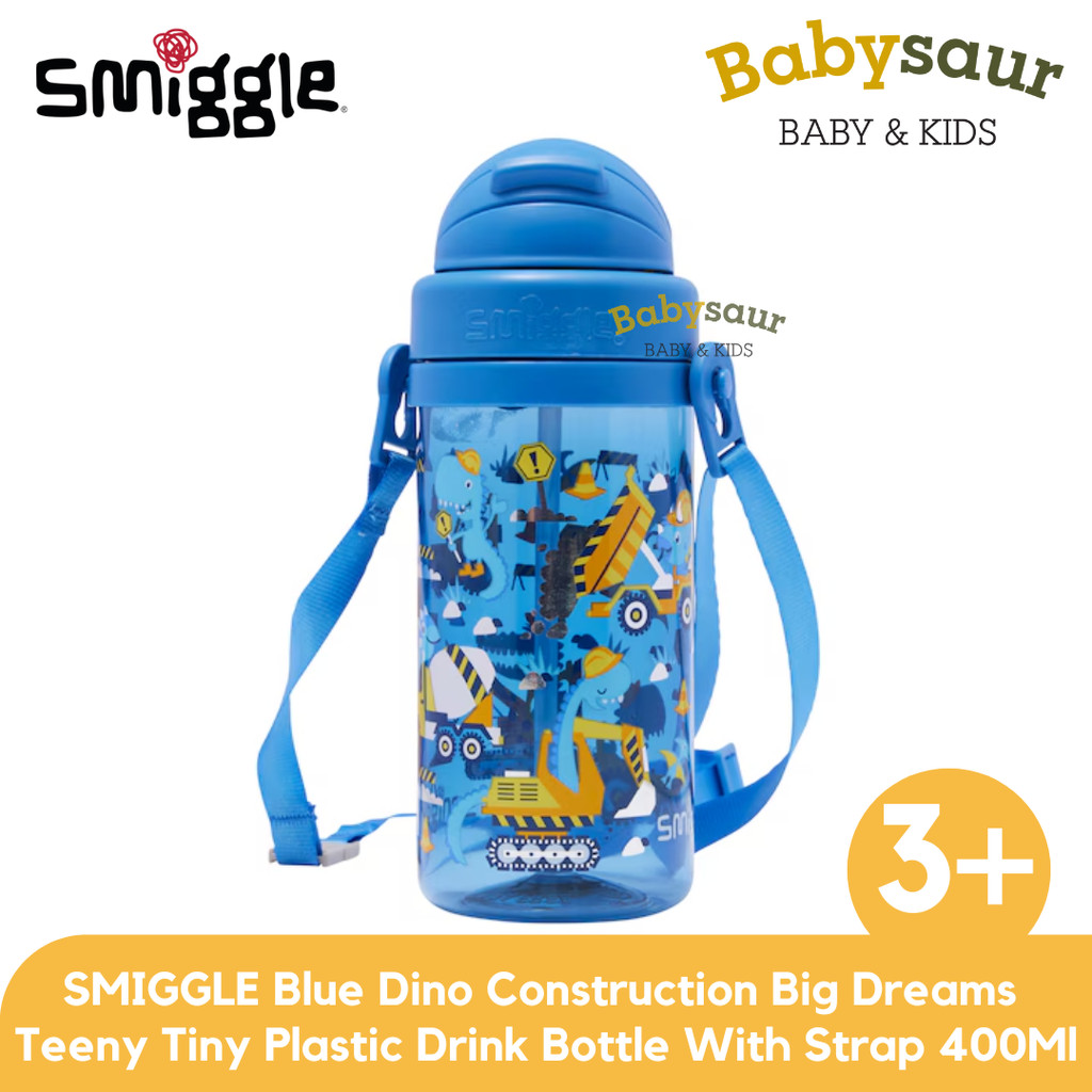 SMIGGLE 100% Original Blue Dino Construction Big Dreams Teeny Tiny Plastic Drink Bottle With Strap 4