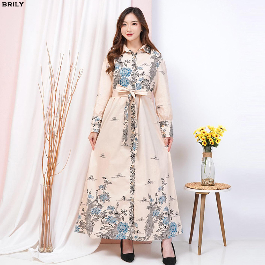 Evercloth Brily Gamis Batik Panjang Cream Nude Kerah Kancing Dress Batik Wanita Lengan Panjang Terus