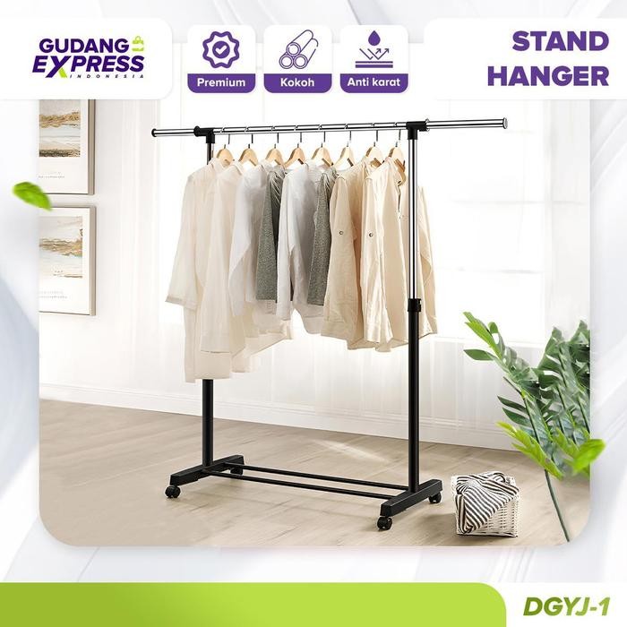 

GEI - Stand Hanger Single Praktis Gantungan Baju Stainless Steel Dengan Roda Untuk Gantungan Hijab, Mukena, Handuk, Baju, Kaos Bahan Pipa Stainless - DGYJ-1