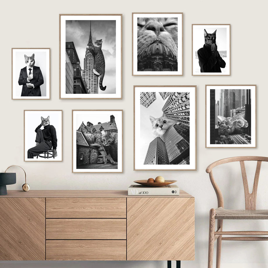 

Black and White City Giant Cat Animals Wall Art Mural Print Canvas Painting Nordic Poster Funny Decoration Pictures Living Room