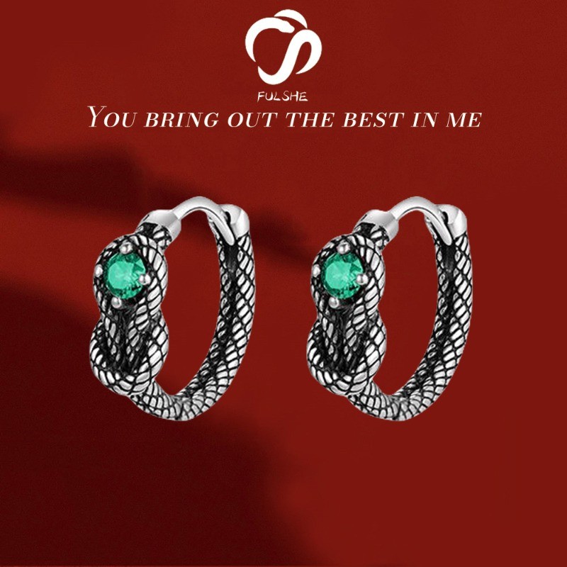 FULSHE Anting Bentuk Ular Vintage Gaya Korea Desain Pria Berlian Hijau Asli 5A Zircon Anting Simpul 