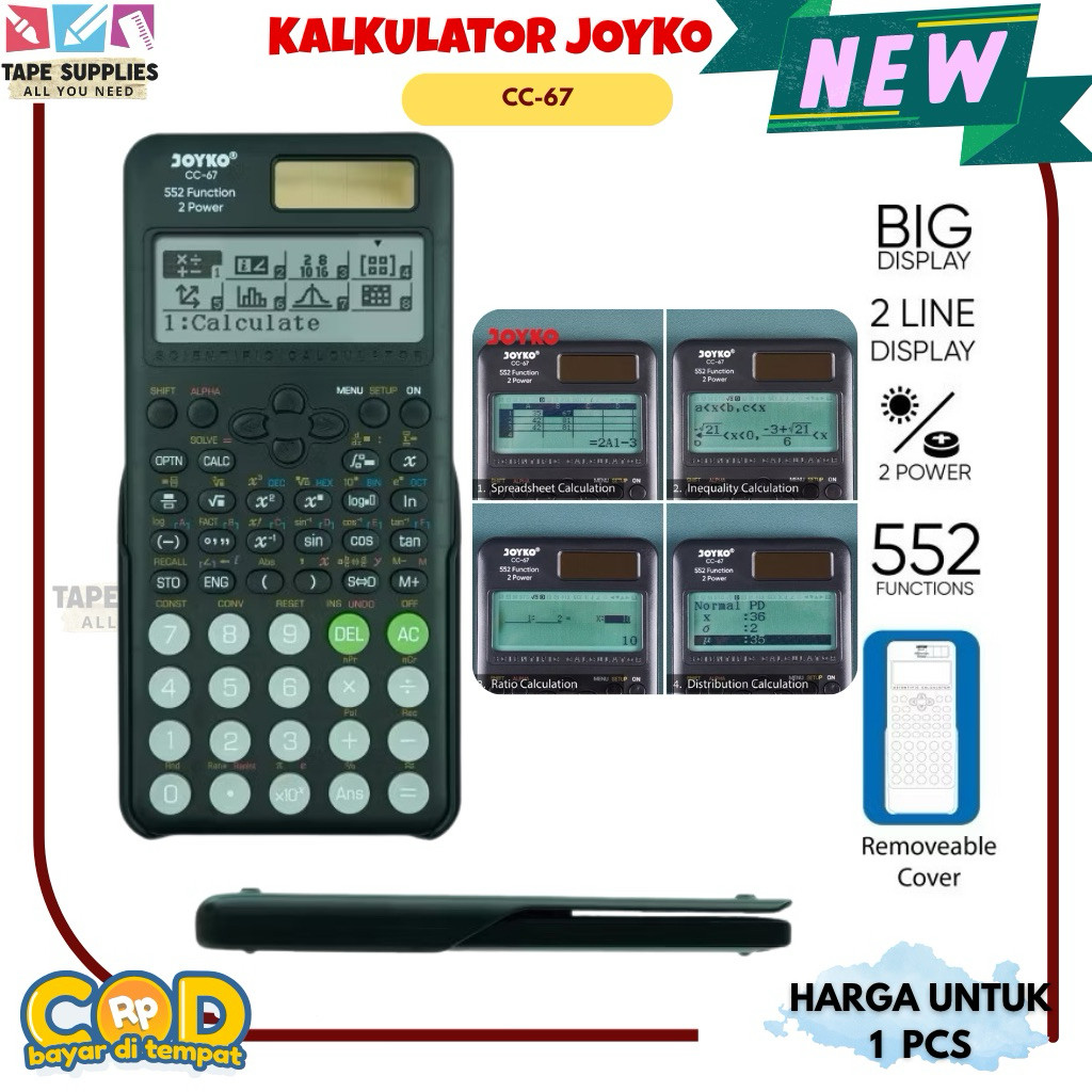 

New Kalkulator Ilmiah Calculator Scientific VERSI PREMIUM JOYKO CC-67 – 552 Fungsi, Dual Power, Layar 2 Baris, Big DisplayPremium