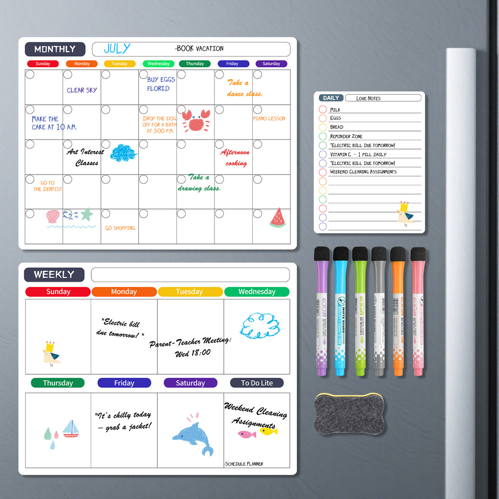 

3 Pack Monthly & Weekly & Daily Planner Whiteboard Magnetic Calendar for Refrigerator Wall Door Shopping/Menu Family Schedule