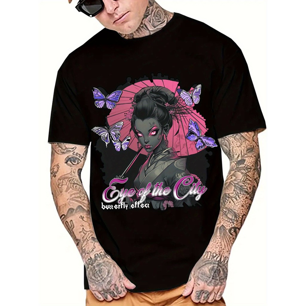 Kaos Pria Distro Jepang Motif Geisha Kupu-kupu Baju Streetwear Katun