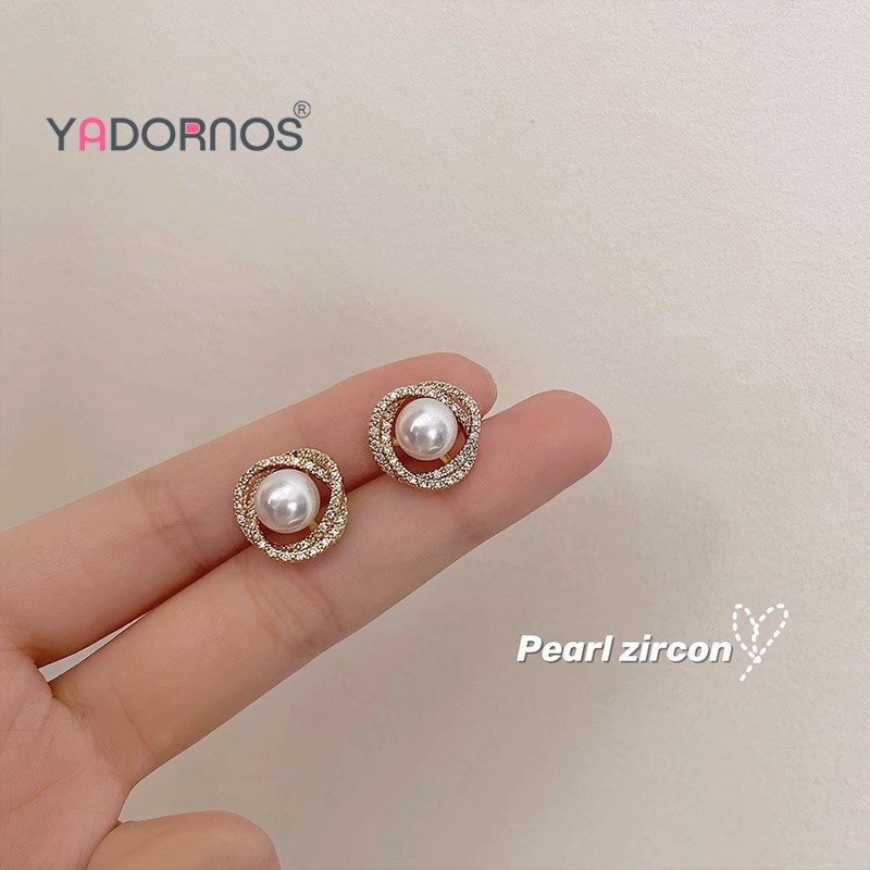 YADORNOS S925 jarum perak versi Korea baru spiral salib set anting-anting mutiara berlian