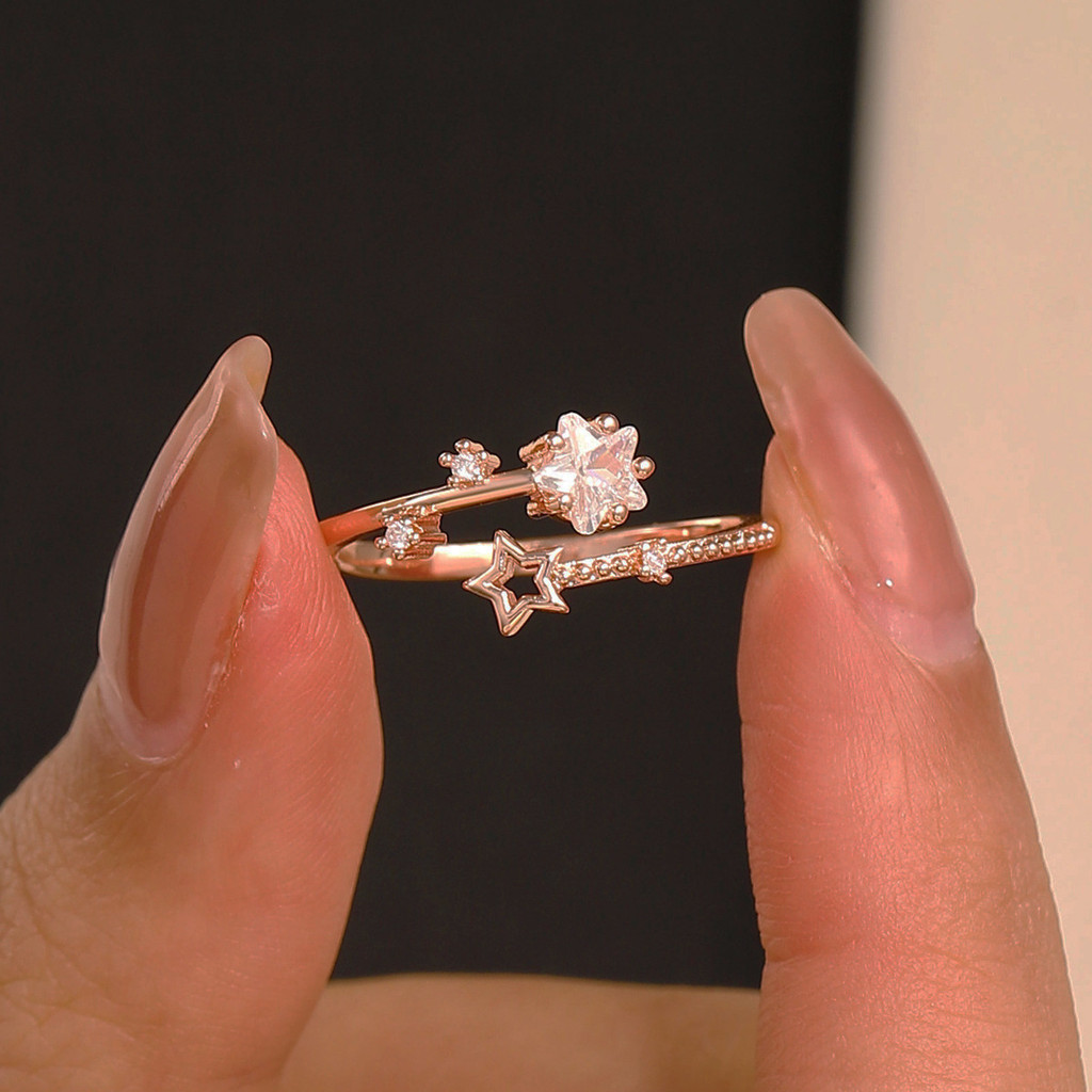 Cincin pentagram zircon bertatahkan tembaga, cincin jari telunjuk bintang terbuka