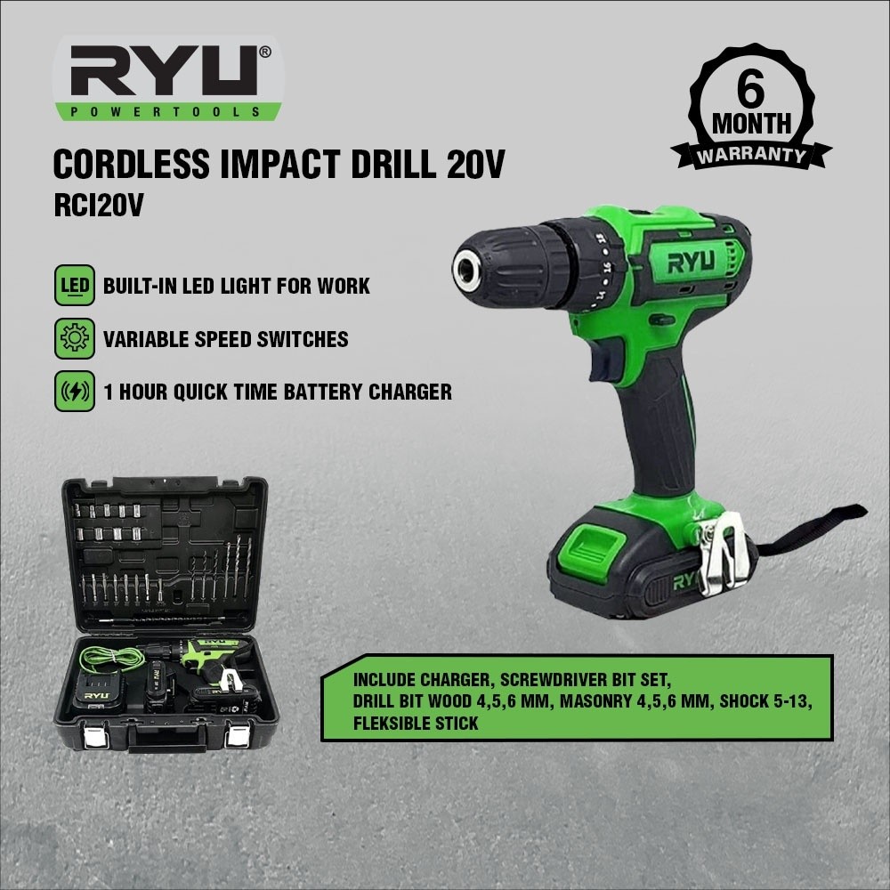 Mesin Bor RYU RCI 20V Cordless Impact Drill Bor Cordless RYU RCI-20V Drill Bor Tanpa Kabel 20Volt