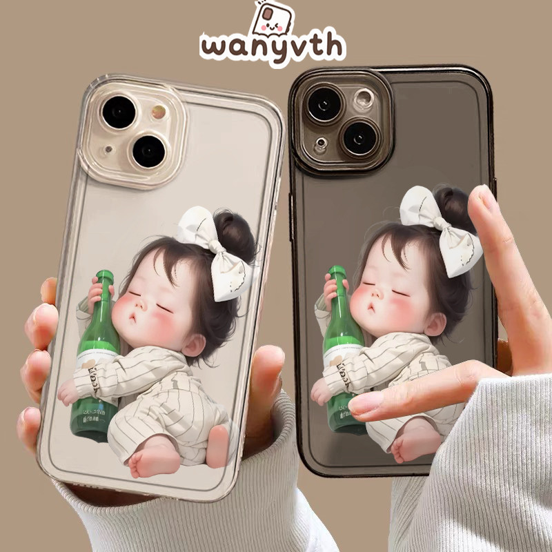 Casing IPhone Gadis botol anggur kartun Transparan Soft Fashion Cocok untuk Case iPhone 13 11 15 12 