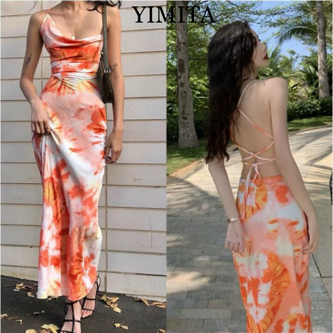YIMITA baju sexy party dress bodycon midi orange lengan pendek wanita korean style pantai dress terb