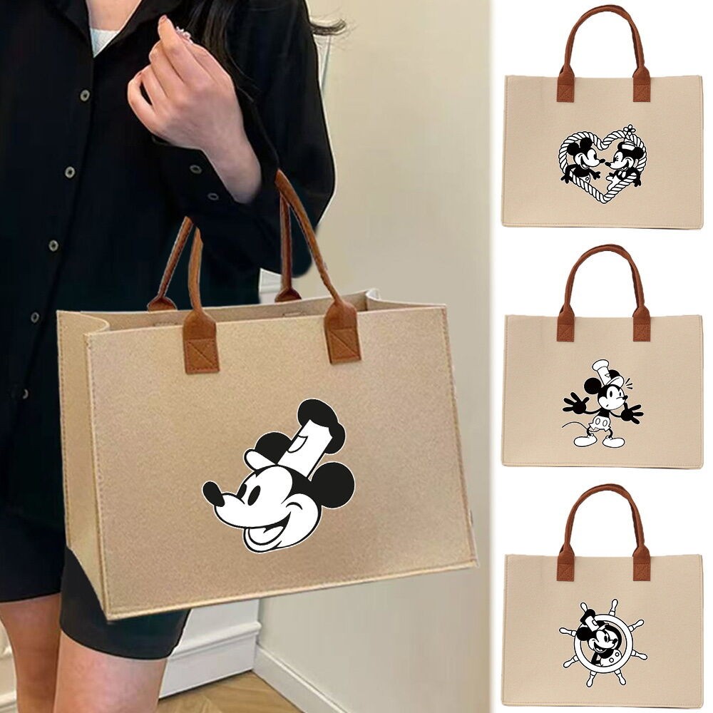 Tas Jinjing Felt Felt Bag Large Mickey Mouse Print - Wool White Felt Shopper, Quality Guaranteed Beg