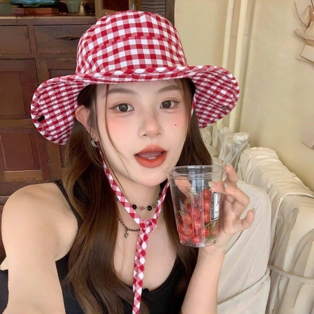 Vintage Lace-up Plaids Bucket Hats Sun Protection UV Protection Fisherman's Hat Big Brim Sun Hat Wom