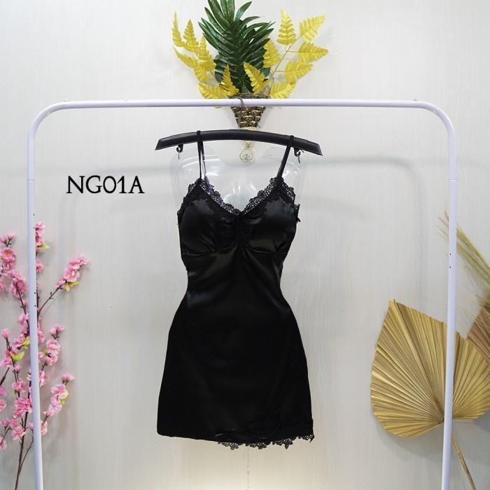 Baju Tidur Lingerie  Premium Night Dress Satin Silk Hitam NG01A