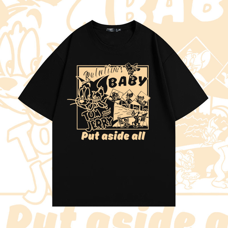 Kaos katun gaya fashion longgar unisex dengan desain cetak bayi kucing dan tikus