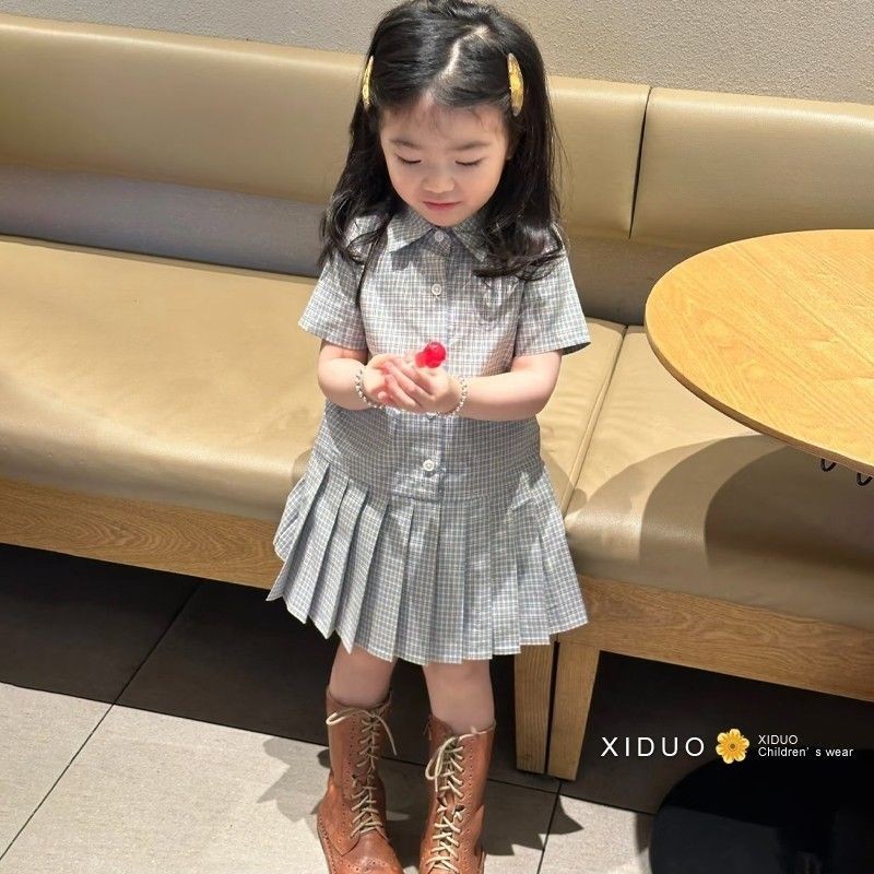 Okids Gaun Anak Perempuan, Gadis Kecil Gaya Barat, Ceruk Kotak-kotak, Kerah, Gaun Kemeja Lipit Trend