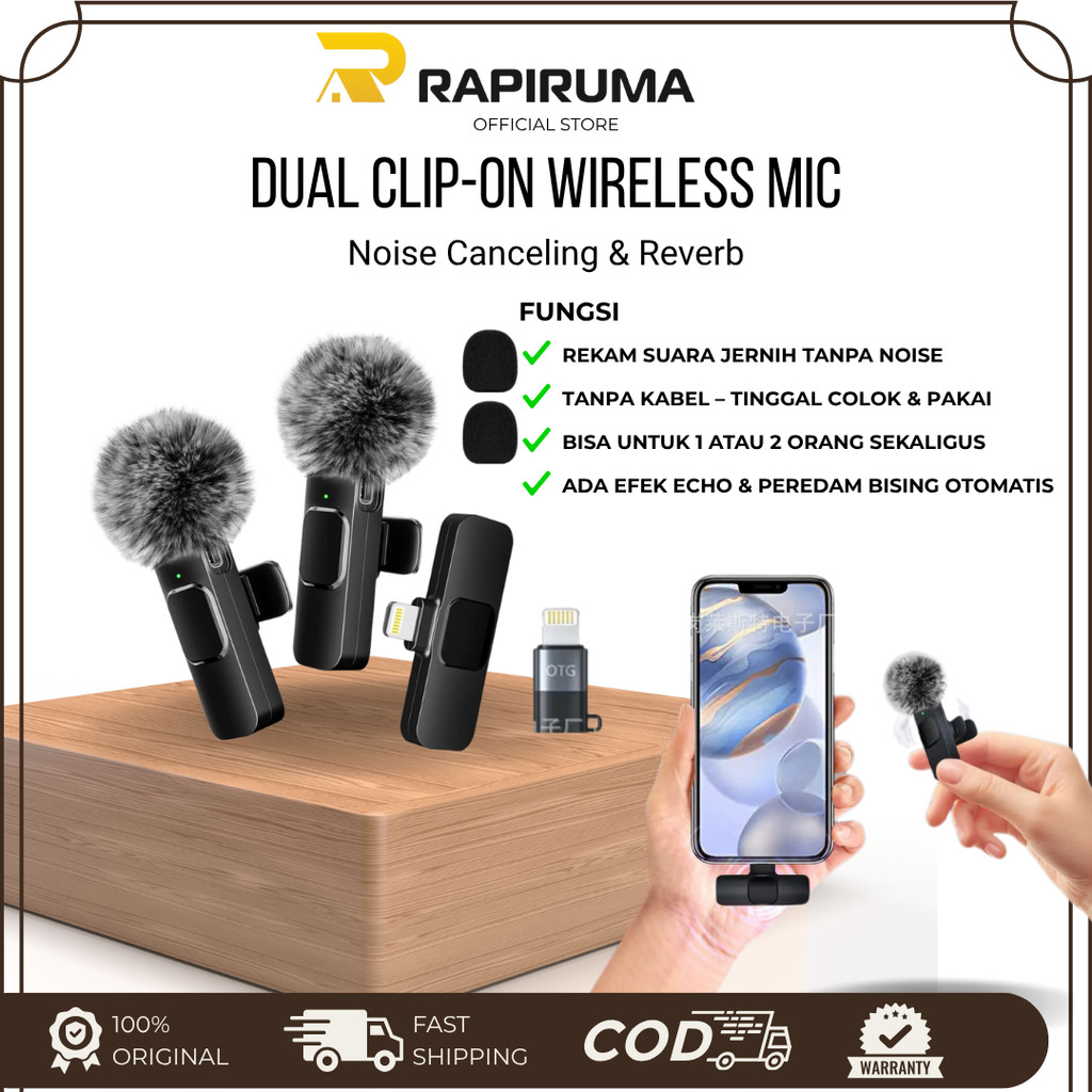 Mic Wireless Clip on | Microphone Mikrofon Untuk Live Streaming | Mikrofon Kualitas Terbaik |  Mikro