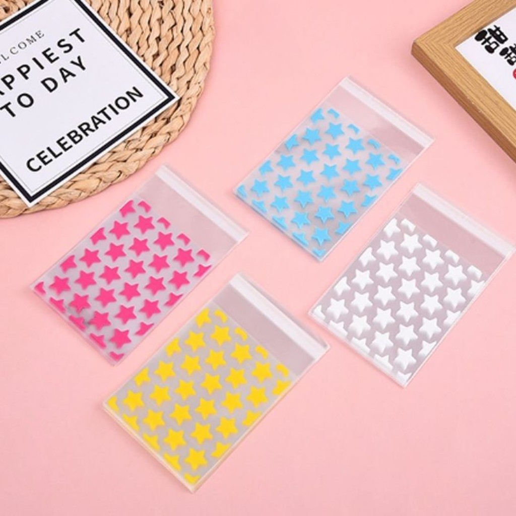 [Isi 50Lbr] PLASTIK OPP MOTIF BINTANG - 8 x 10 + 3cm SEAL roti donat makanan + lem bakery seal bungk