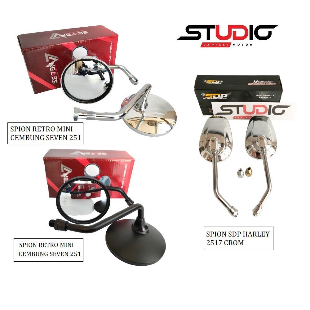 Spion Retro Mini  Pendek Bulat kaca Cembung Putih Universal Motor