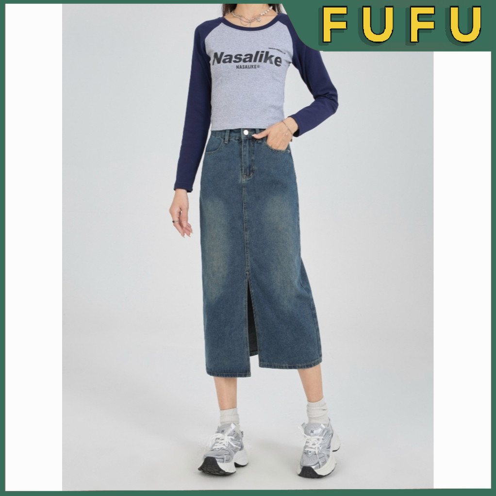 FUFU Rok Midi Korean Style / Rok Jeans Wanita / Rok Denim / Rok Levis Wanita Kekinian / Rok Panjang 