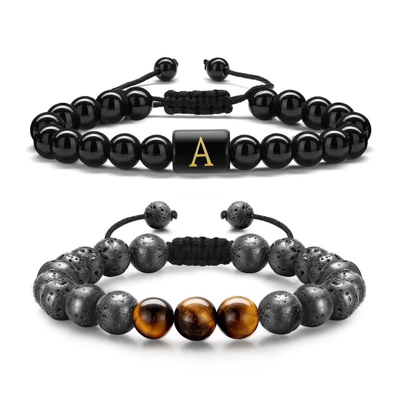Set Gelang Hadiah Pria: Batu Mata Harimau, Manik-manik Batu Vulkanik, Gelang Anyaman Huruf, Gelang M