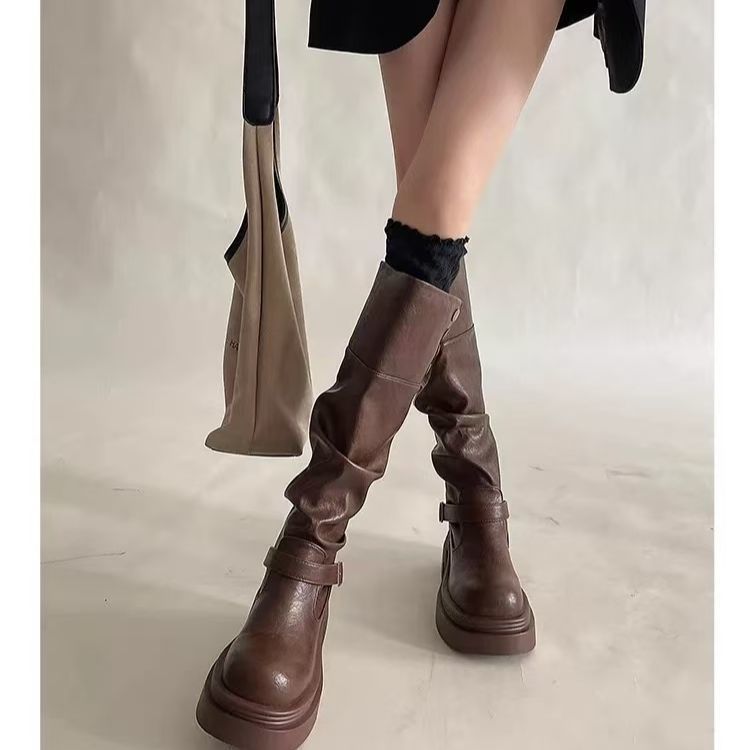 Sepatu bot kulit lembut berhak tebal bergaya Inggris, sepatu bot tinggi, sepatu bot ksatria, sepatu 