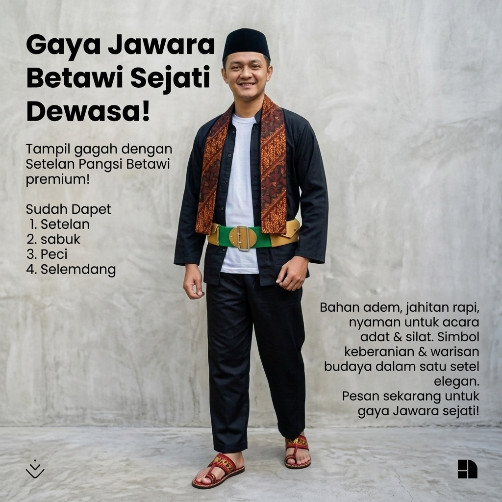 Baju Adat Betawi Pria Set Lengkap | Baju Sadariah + Celana + Peci + Sabuk + Aksesoris Tradisional