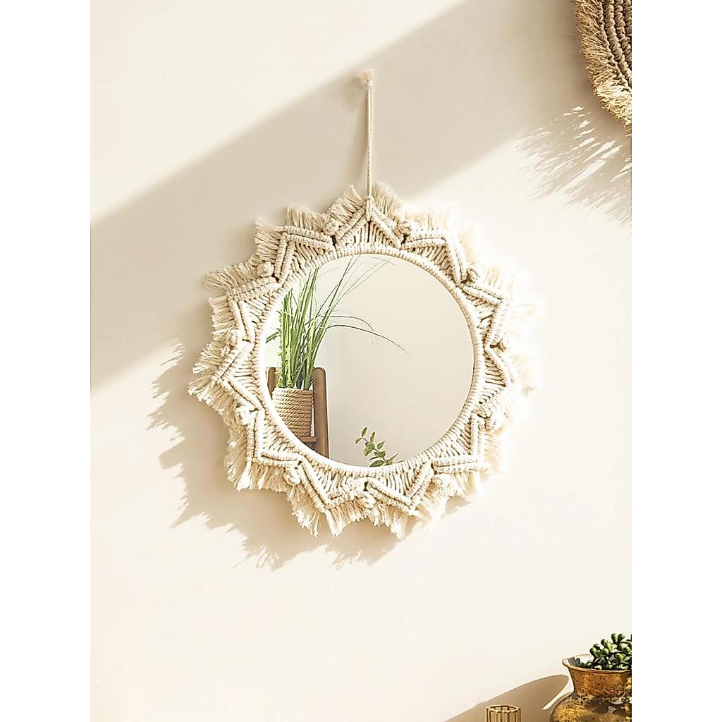 Nordic Room Decorative Mirrors Boho Macrame Round Cosmetic Mirror Room Wall Mirror Woven Macrame Cra