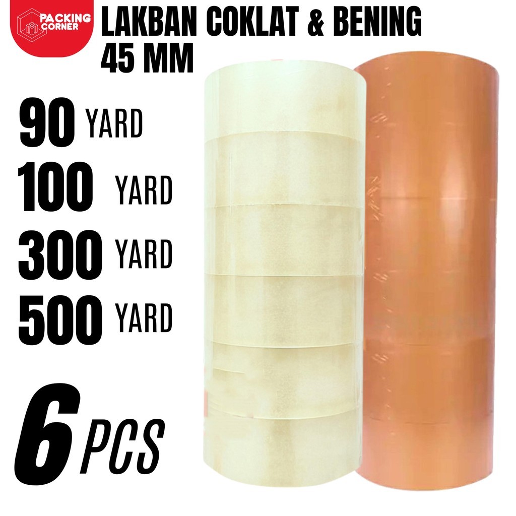 

New 1 SLOP / 6PCS Lakban Bening Coklat 2 Inch 90 100 200 300 500 Yard Plakban Bening Coklat 45MM 2” Inci 1 SlopePremium