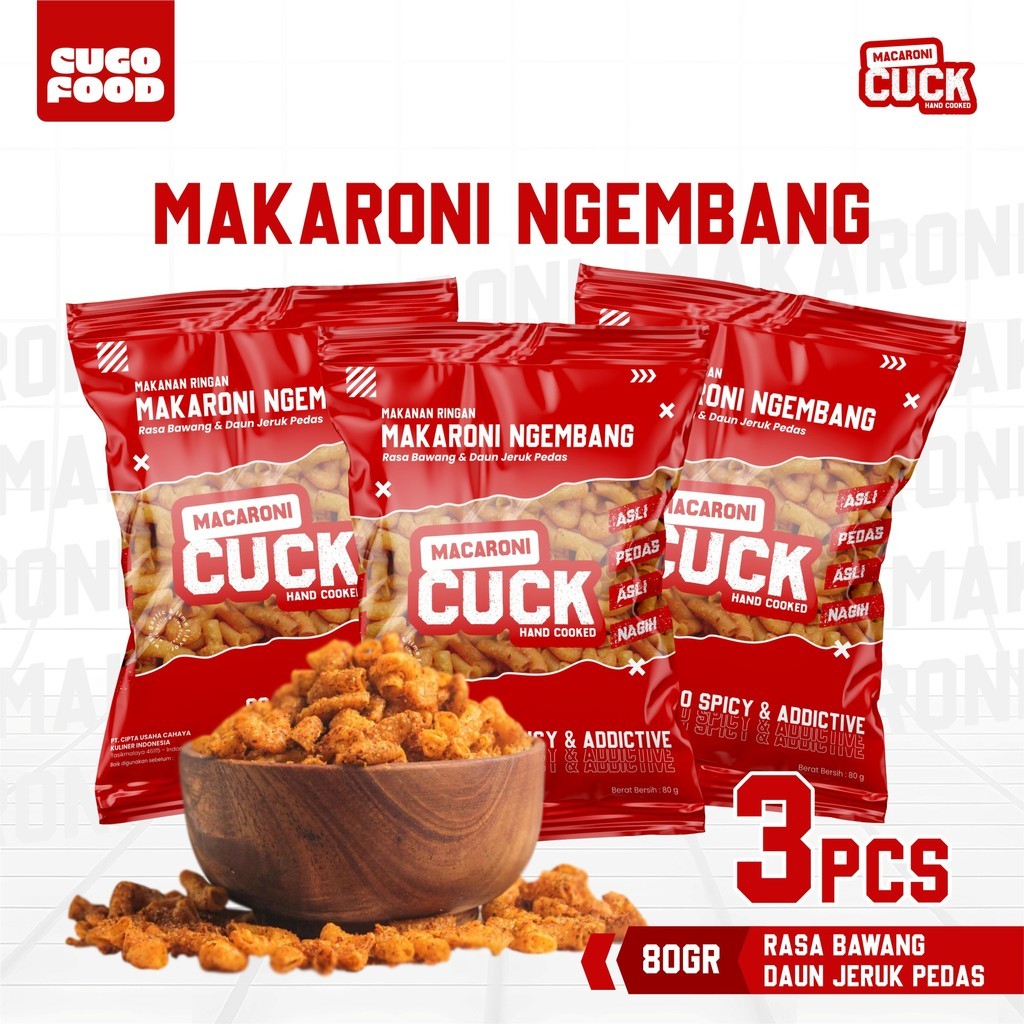 

Makaroni Ngembang Daun Jeruk 3 pcs x 80 Gram Kemasan Reguler Snack Cemilan Pedas Asin Keripik Cugo Food