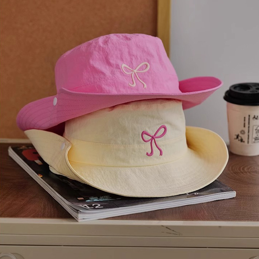 Topi Wanita Korea Model Bucket Hat Ember Dengan Desain Pita Kupu Nyaman Untuk Aktivitas Outdoor