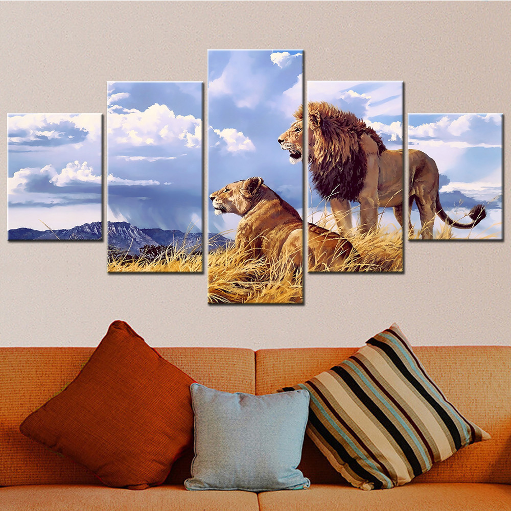 

Lion and Lioness Scenery Wall Art Canvas Set Landscape Animal Painting for Interior Modular Bedroom Decoration Modern Home Decor
