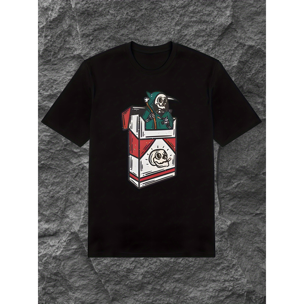 Kaos Pria Hitam Cotton Motif Tengkorak & Rokok - Keren & Unik