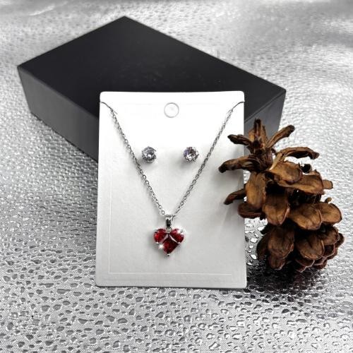Kalung Dan Anting Titanium Silver Ruby Amor Set Perhiasan Elegan Wanita Remaja Kekinian