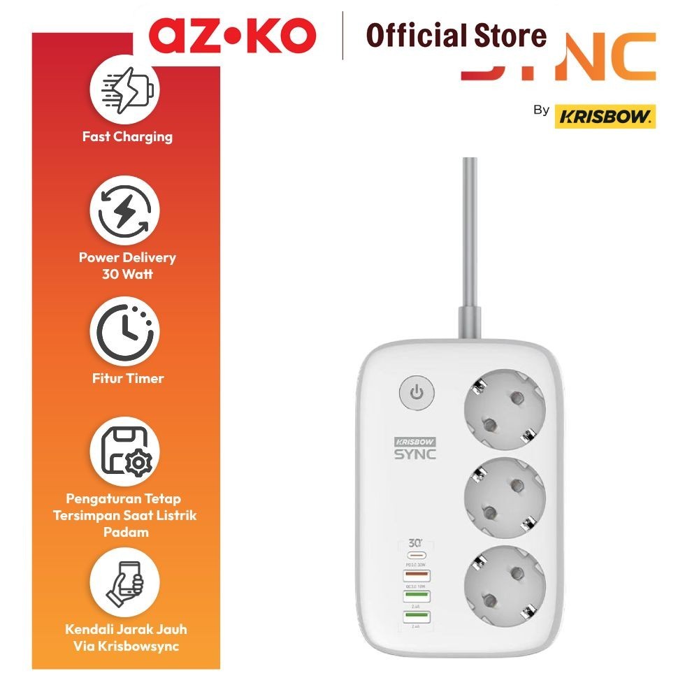 KRISBOW Sync Smart Stop Kontak 3 Soket Ekstensi Dengan Usb A & Type C Stopkontak 3 Lubang Kabel / Te