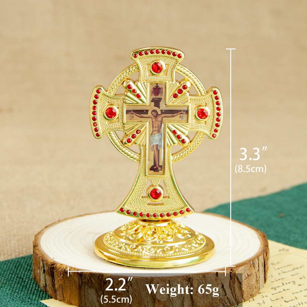 HT Religious Orthodox Crucifix Cross Metal Jesus Icon Statue Red Colors Gemstone Church Home Car Dec